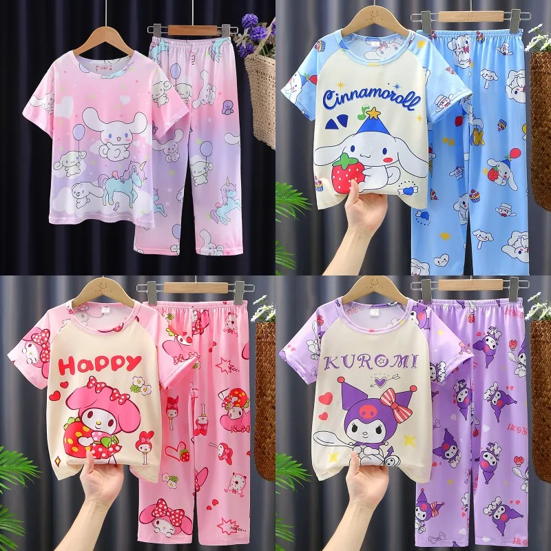 2024 Sanrio Cinnamoroll Pajamas Suit Hello Kitty Girl Kuromi My Melody Anime Children Short Sleeved Set Kids Summer Home Clothes