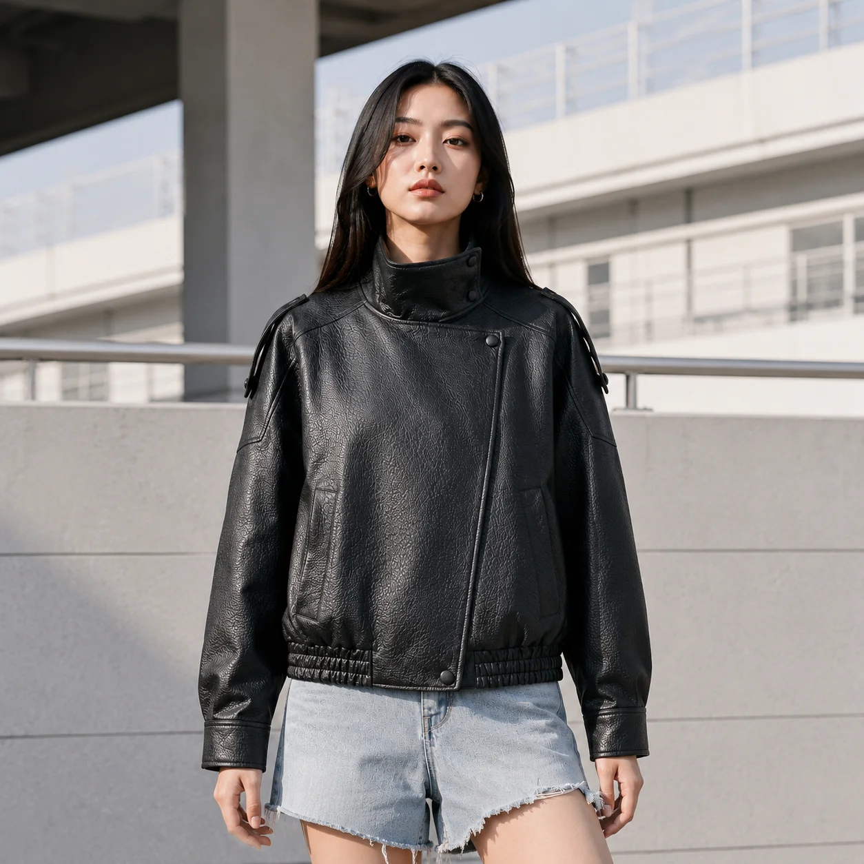 EOENKKY Women Faux Leather Jacket Black PU Biker Jacket Vintage Motorcycle Coat Oversized Streetwear High Collar Autumn Winter
