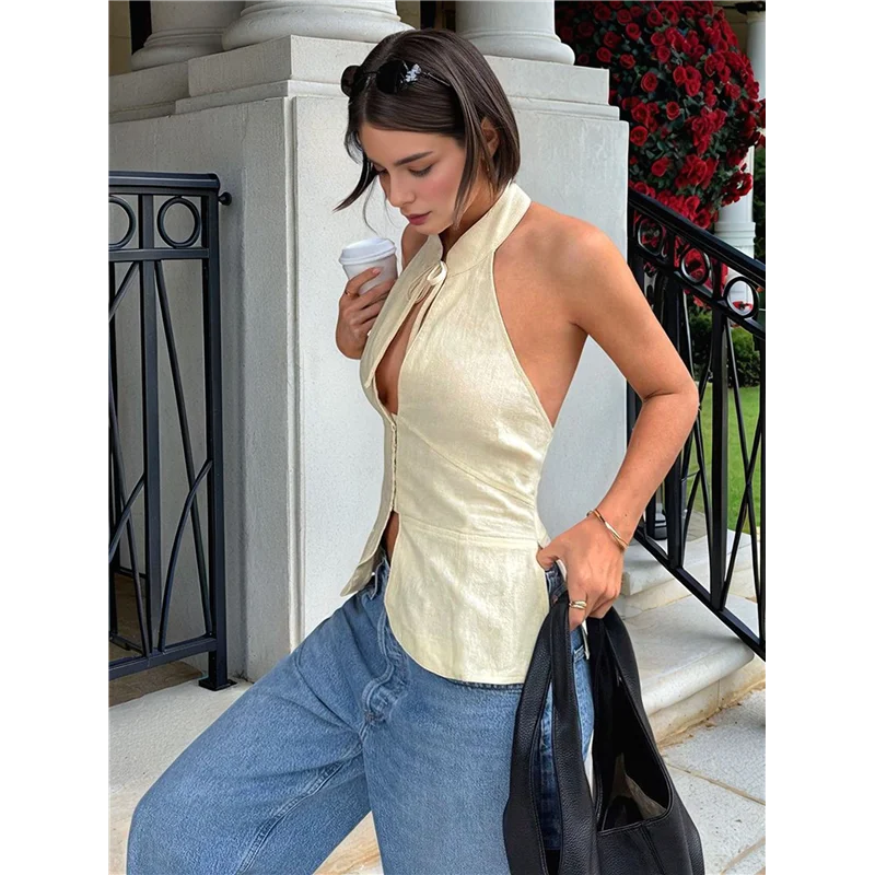 FX – Blusa feminina de verão com frente única, sem mangas, corte com laço e costas nuas
