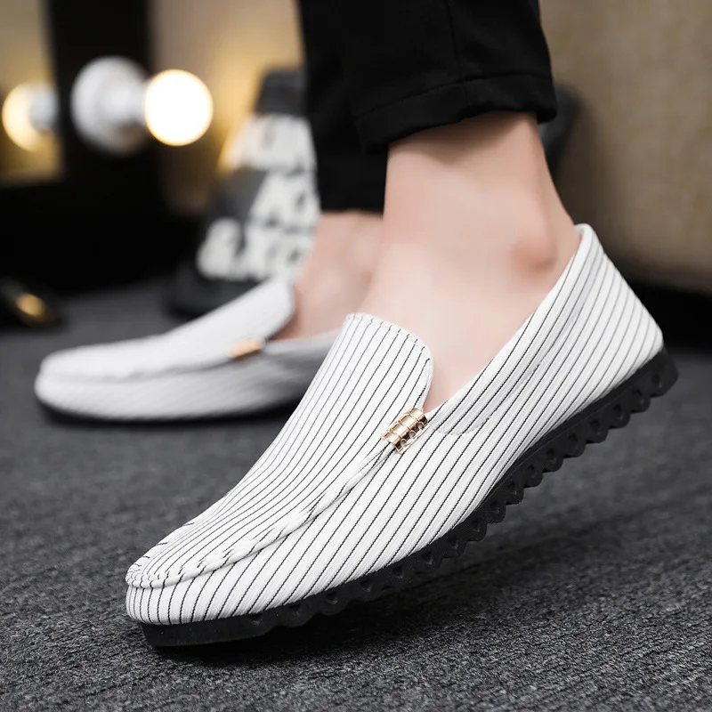 Men's Leather Shoes White Flat Stripe Male Casual Shoe  Trend Common Retro Classic Original Summer Sale Low Price New in On