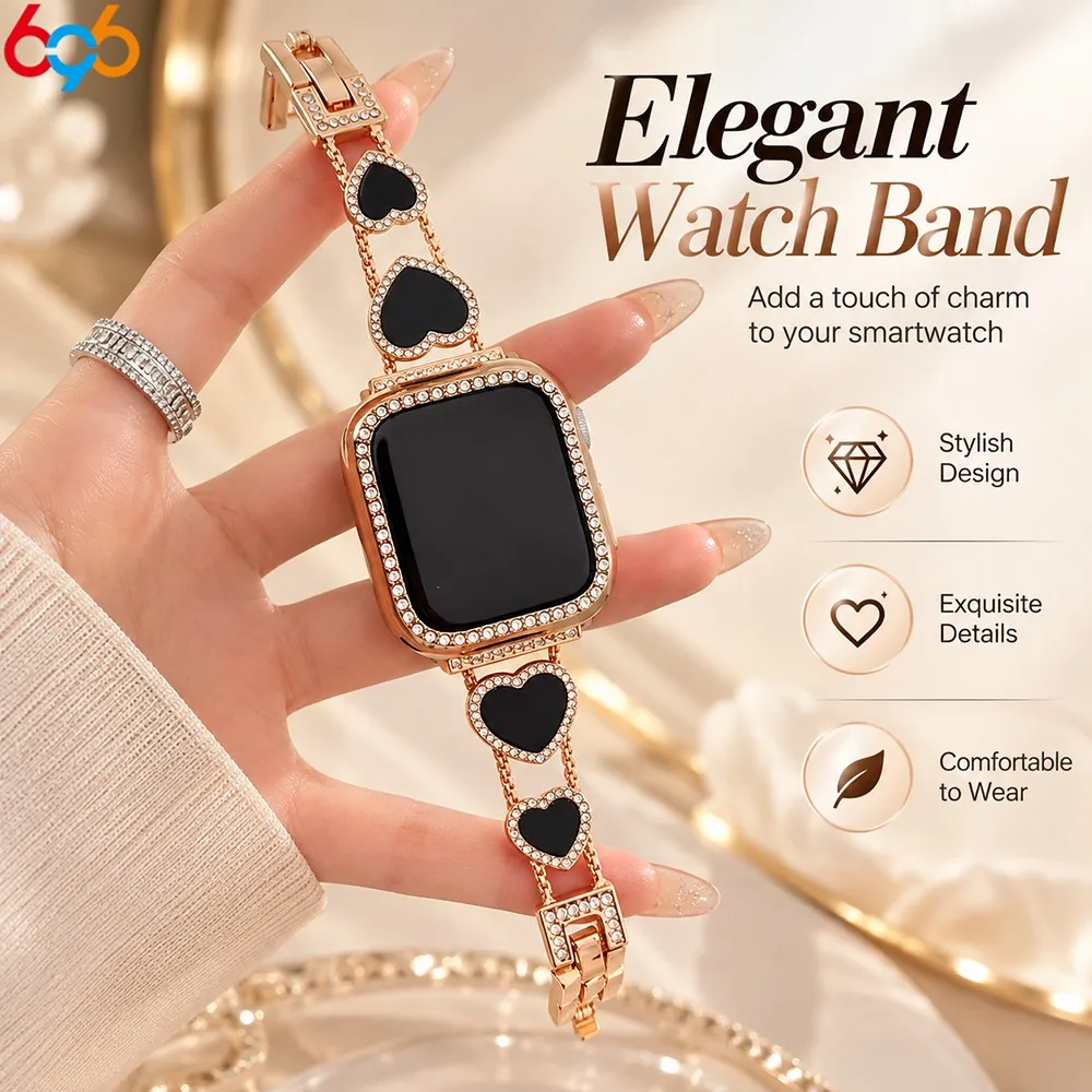 Heart Diamond Embedded Metal Watch Band for iWatch Luxury Women Bracelet Fit 38/40/41/42/44/45/49mm