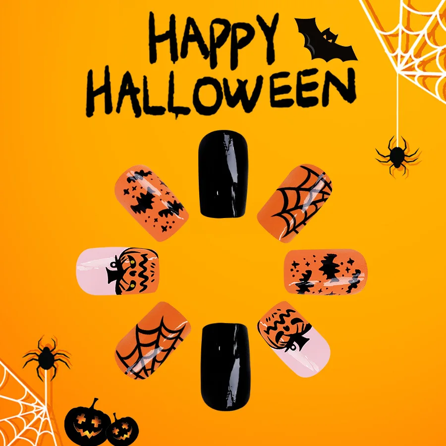 24Pcs Halloween Press-On Nails Set Оrange Pumpkin Short Square Full Cover Fake Nail Tips for Women&Girls Holiday,Festive Wear