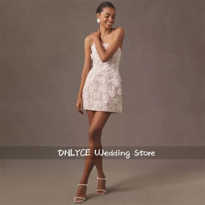 A Line Short Bead Embroidery Lace Wedding Dress Sleeveless Sexy Strapless Bridal Gown Customized Robe de mariée