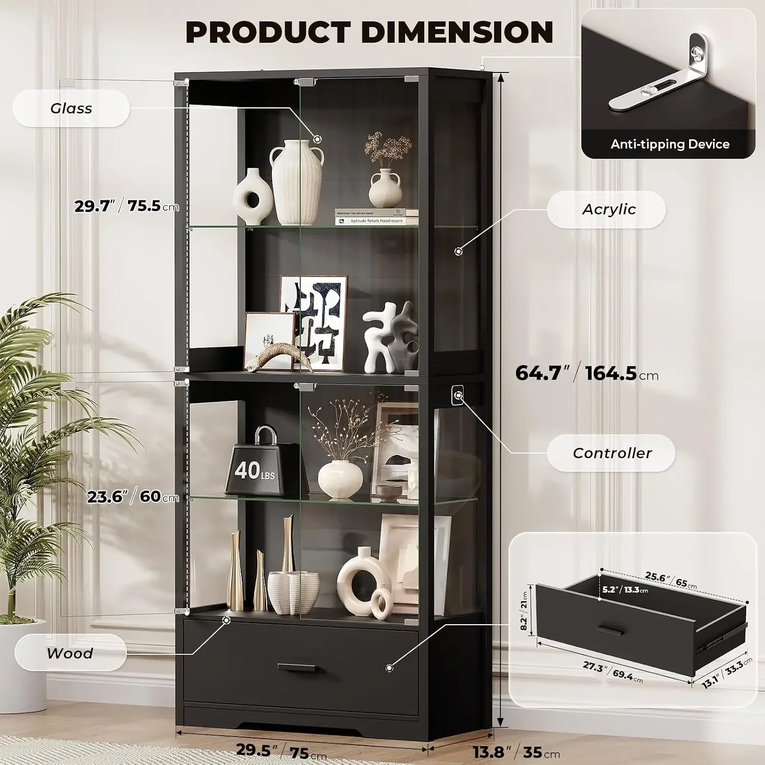 4-Tier Display Cabinet with Glass Doors and Drawer for Collectibles | Glass Display Case with 3-Color Lights & Human Body