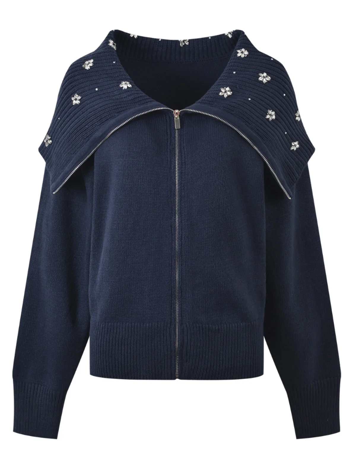 

Heavy Embellied Zipper Front Collar Stand up Top Coat Winter New Sle Versatile Large Collar Diamond Decorated Desig...