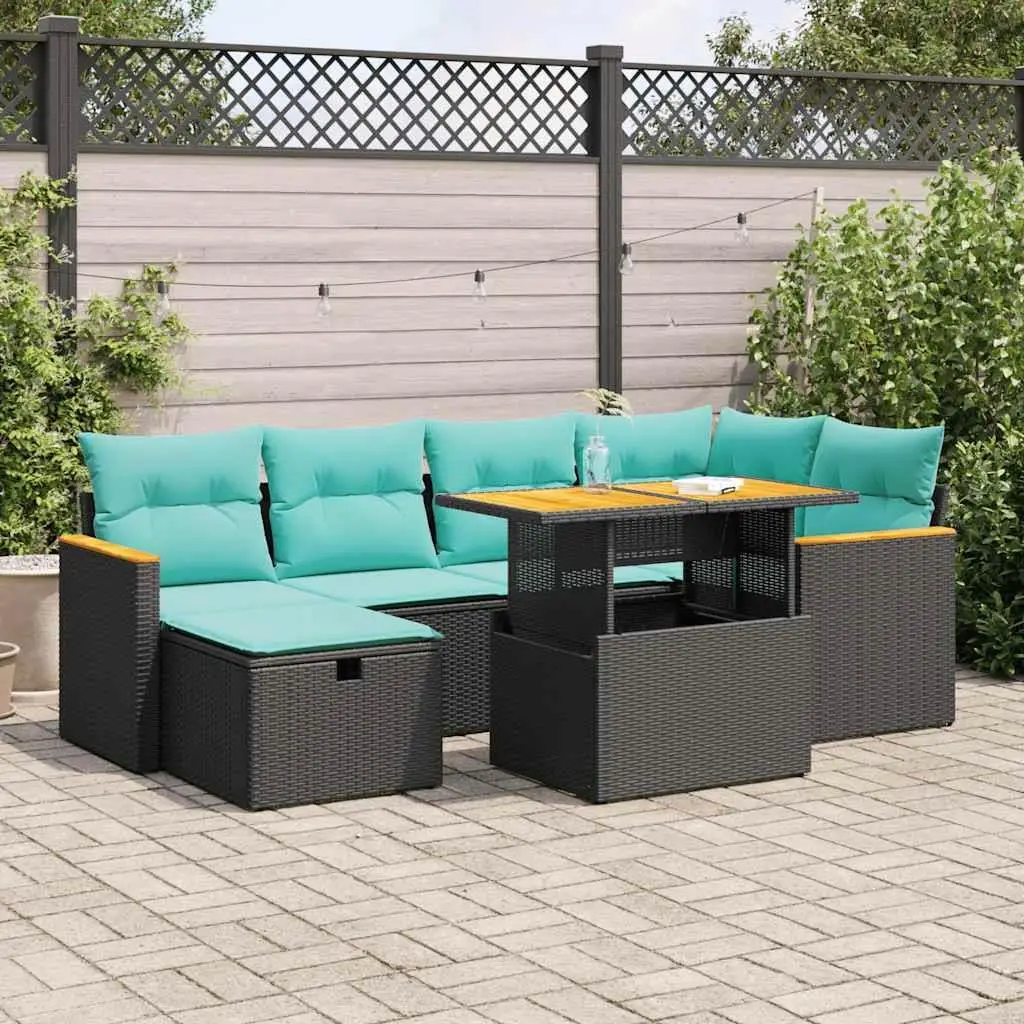 

Comfortable 7 Piece Outdoor Patio Sofa Set with Cushions in Brown Poly Rattan and Acacia Wood for Garden and Backyard