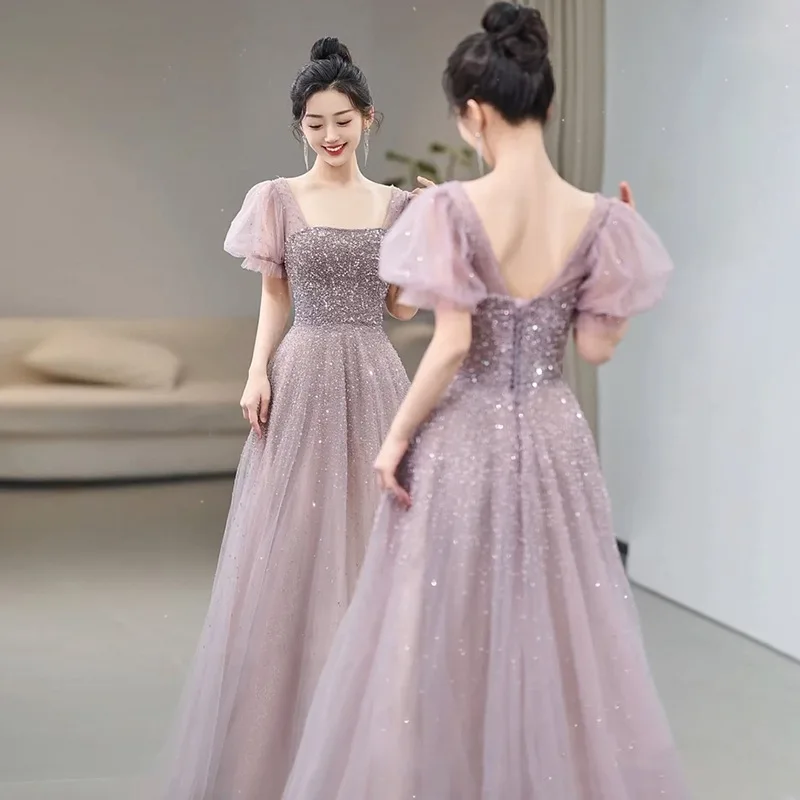 Vestido largo de fiesta de noche para banquete Niche 2025 nuevo velo de lentejuelas de gasa rosa cuello cuadrado con espalda descubierta vestido Formal elegante para mujer