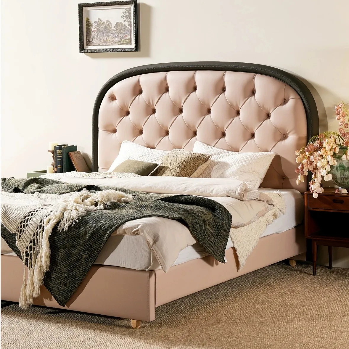 *Donut Bed French Retro Leather Bed - Flush Side for Master Bedroom, Modern Minimalist Pink Princess