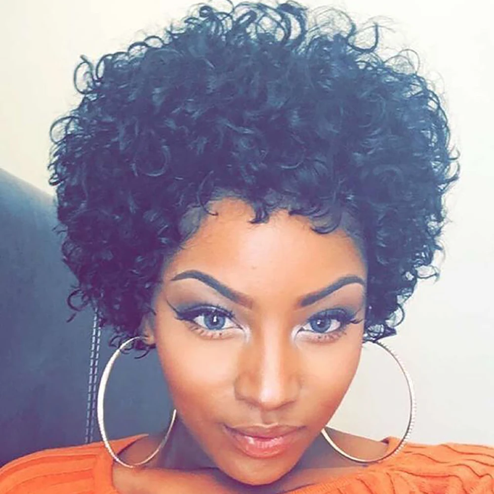 ショートウォーターウェーブ人毛ウィッグ ピクシーカットウィッグ ブラジル人毛 100%人毛 機械製 女性用 生え際処理済み すぐに着用可能