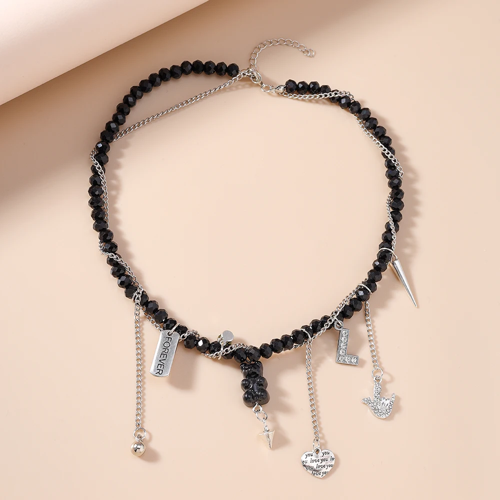 Aihua Personality Design Black Bear Rock Heart Choker Necklaces For Women Long Tassel Beaded Chain Necklaces Statement Jewelry