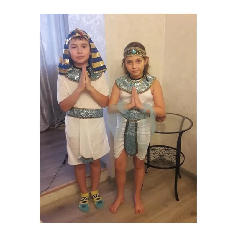 زي تنكري كليوباترا للفرعون المصري للفتيات ، زي أميرة أبيض للأطفال ، فستان حفلات عائلية للكبار