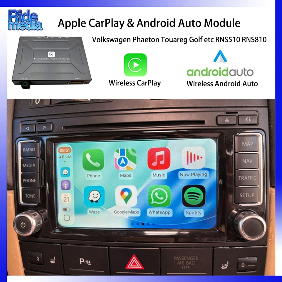 RideMedia 2026 Wireless Apple CarPlay Android Auto Mirroring Decorder for VW Phaeton Touran CC Passat RNS810 RNS510