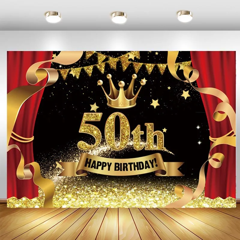 Telón de fondo con purpurina dorada para hombre y mujer, cortina roja para fiesta de cumpleaños de 50 años, accesorios para sesión fotográfica, pancarta
