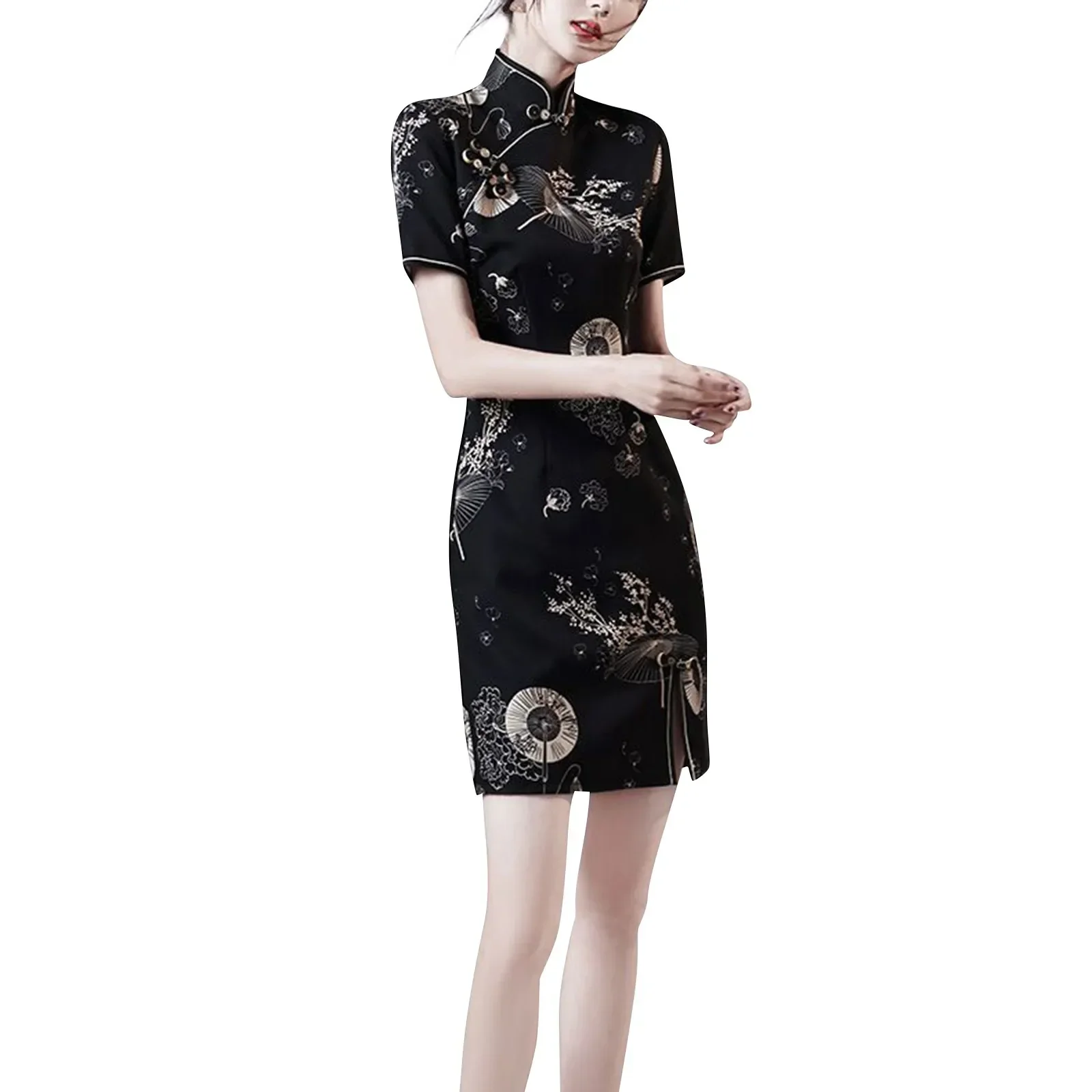 

Ladies Fashion Black Cheongsam Trendy National Style Improved Temperament Casual Fitting Cheongsam Daily Small Size Cheongsam