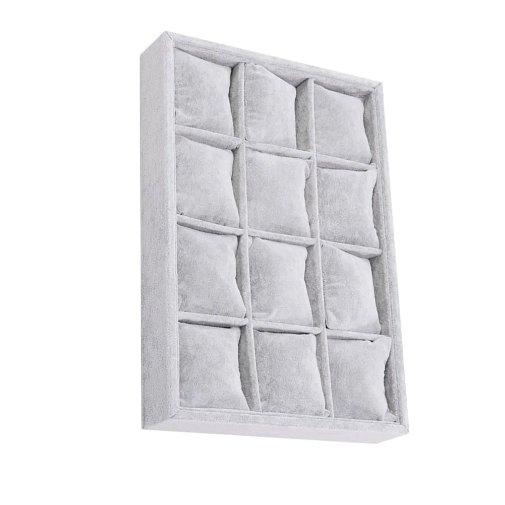1Pcs Jewelry Display Tray Organizer Box Grey Composite Board Linen 12 Compartments Pillows Storage for Rings Watches Earrings