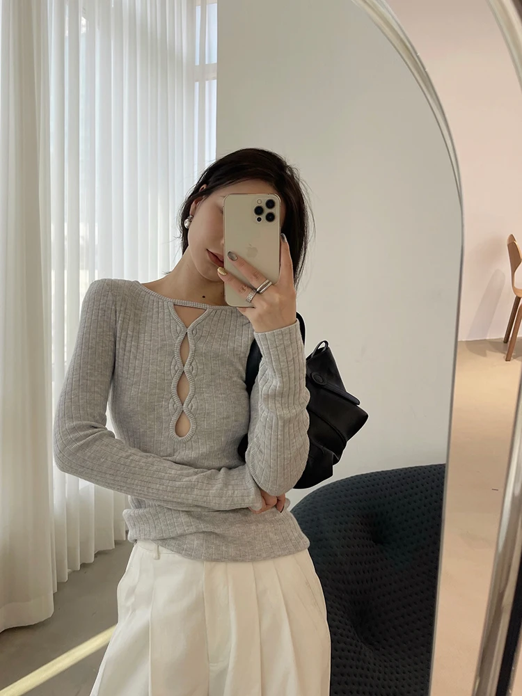 

Molin Women's Knitted Long Sleeve Base Shirt Hollow Design Fashionable Slimming Spring Versatile Woolen Color Commute S...