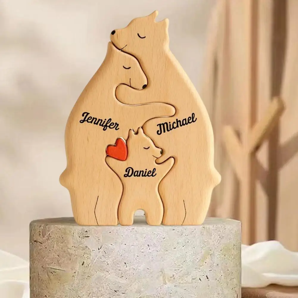 Heartfelt Gift for Mom Dad Custom Name Wooden Bear Family Puzzle Tabletop Ornament for Parents Gift Hugging Bear Figurine