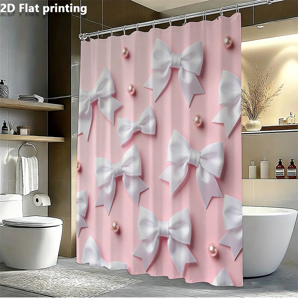 Pink Bow Shower Curtain, White Ribbon & Pearl Pattern Waterproof Bath Curtain, Girly Aesthetic Bathroom Decor for Girls