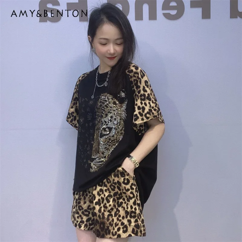 

American Retro O-neck Short-sleeved T-shirt Set For Women's Summer Flash Diamond Cotton Leopard Print Tees Shorts Two-piece Suit