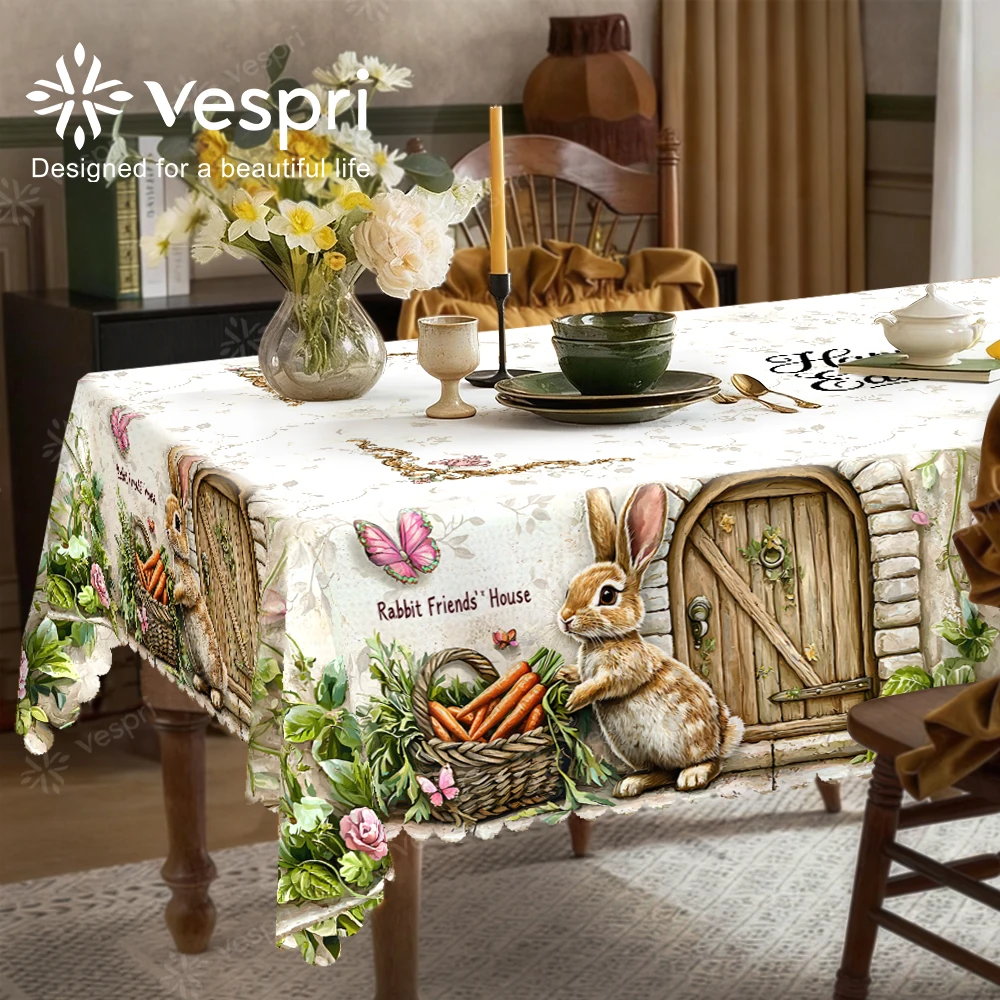 Vespri Oster-Tischdecke Dekor Weiß Beige Hase Schmetterling Blume Rund Rechteckig Oval Polyester für Partys Feste
