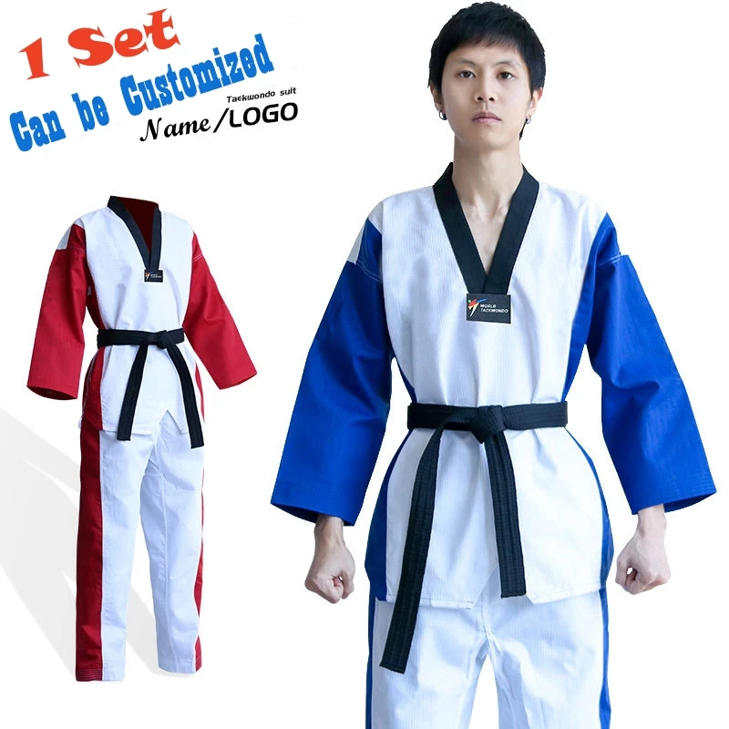 

Качественная черная, красная, синяя форма для тхэквондо для взрослых и детей TKD Doboks, тренировочные костюмы для каратэ, Poomsae Dobok, одобренный WTF принт логотипа