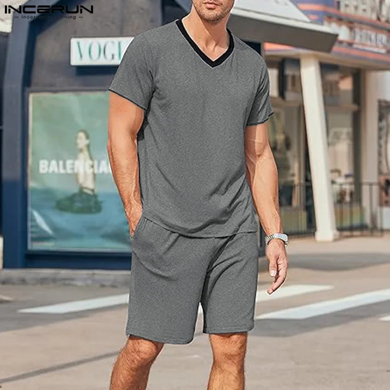 INCERUN 2024 Ensembles de style américain Mode Hommes Économie à manches courtes Shorts Casual At Col en V Streetwear Ensembles deux pièces S-5XL