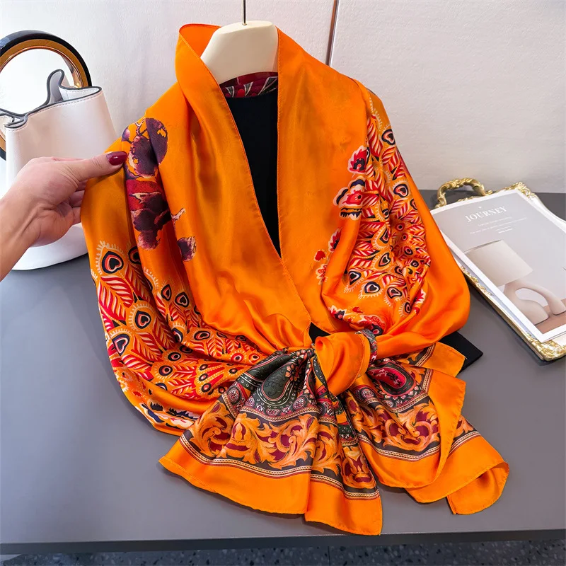 180*80cm Peacock Print Silk Scarf Women Spring Autumn Light Thin Scarves Lady Foulard Echarpe Hijab Fashion Big Bandanna Popular