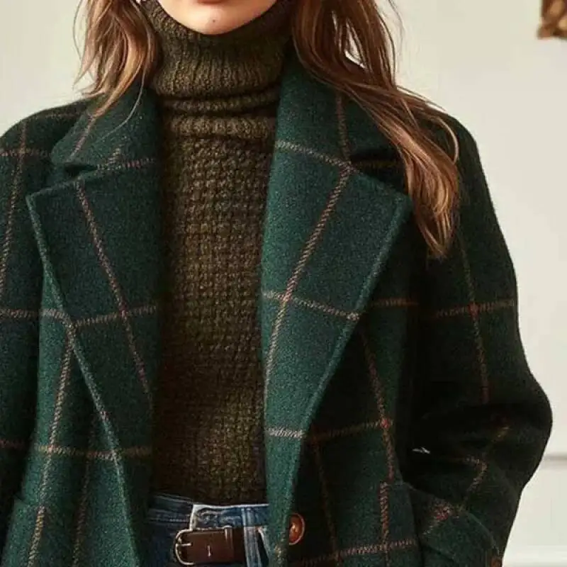 Winter Plaid Wool Trench Single-Breasted Mid-Length Notched Collar Coat Trendy Casual Fashion Women Outerwear Daily Wear