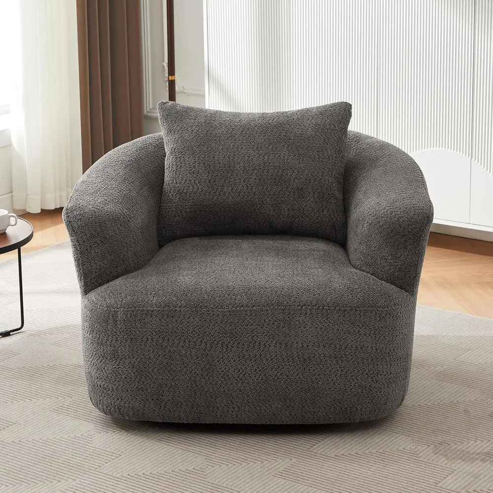 

Grey Chenille Upholstered Swivel Barrel Chair with Throw Pillow for Living Room, Bedroom, Office, Hotel