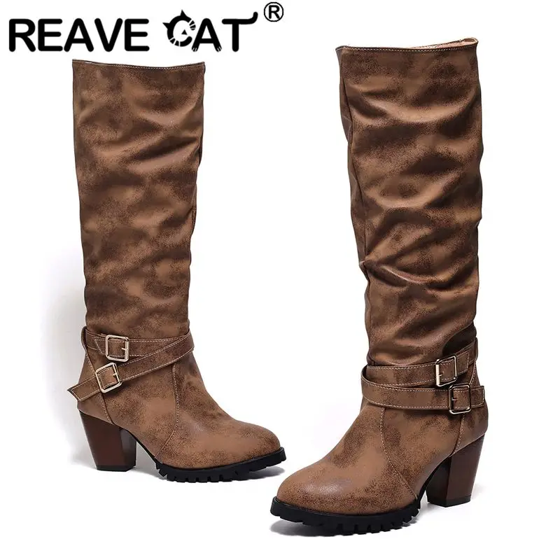 

REAVE CAT 2025 Винтажные женские ботинки для верховой езды с круглым носком и блочным каблуком 6,5 см, без шнуровки с пряжками на ремне, большой размер 46 47 48 Leisure Daily Bota