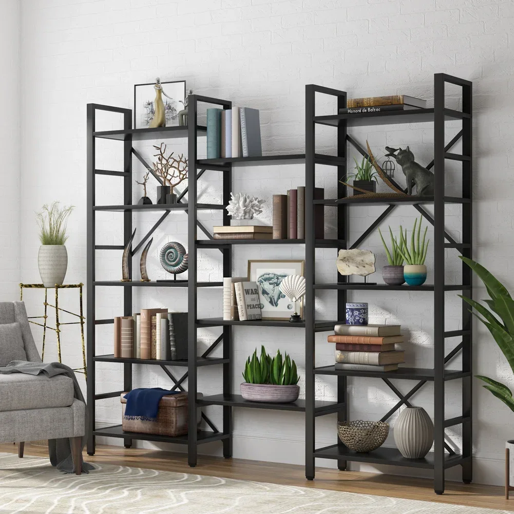 Tribesigns Triple Wide 5-Shelf Bookcase, Etagere Large Open Bookshelf Vintage Industrial Style Shelves Wood and Metal bookcases