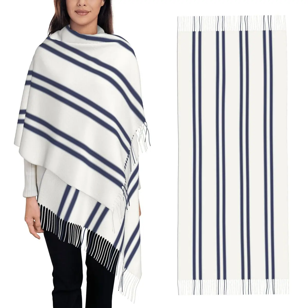 White And Navy Double Stripes Scarf Tassel Scarves for Women Soft Warm Shawls and Wraps Long Fall Winter Shawl Wrap