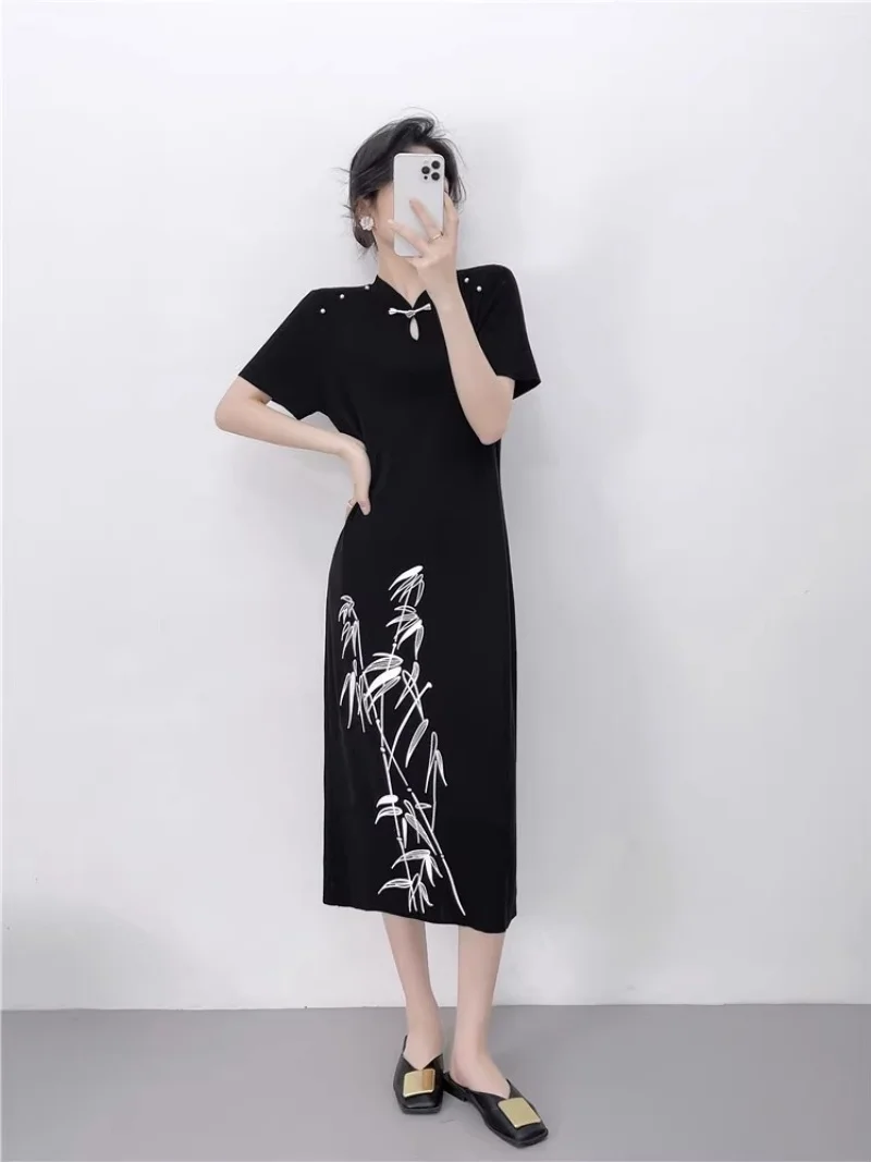 

Chinese Style Black Cheongsam Dress Summer Elegant Retro High Slit Knit Short Sleeve Qipao Vintage Fashion Women's Outfit W623