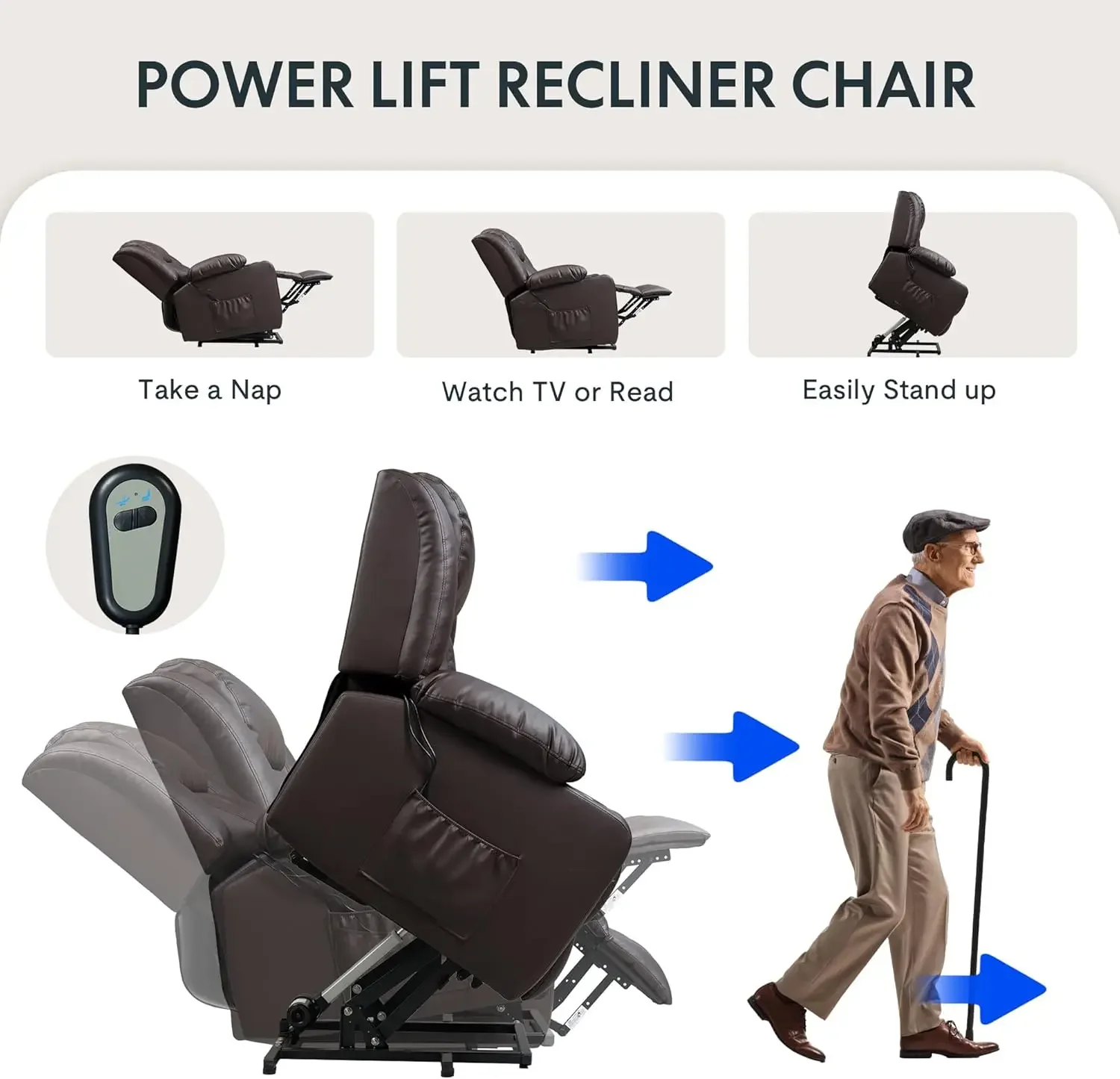 Silla reclinable XL31 Power Lift para personas mayores, silla reclinable eléctrica de cuero con masaje y calor, portavasos, elevador reclinable C