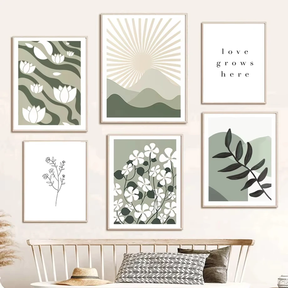 Sage Green Leaf Lotus Sun Rainbow Wall Art Poster Print Oil Painting Nordic Living Room Home Decoration Picture Wall Painting