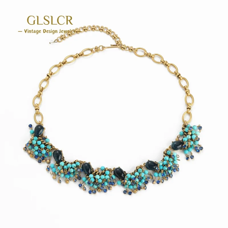 

Vintage Blue Turquoise Rosary Choker Necklace Gold Color Flower Luxury Designer Brand Jewelry For Women Accessories Prom 2025