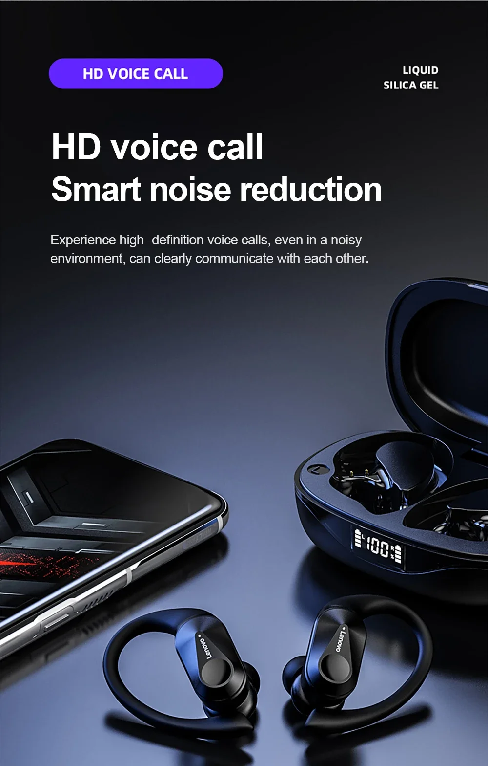 Lenovo LP75 Bluetooth-Headset, Sicherer Ohrbügel, Kabellose Ohrhörer, LED-Batterieanzeige, Ergonomisches Design, Kopfhörer für Outdoor-Aktivitäten – Detail 8
