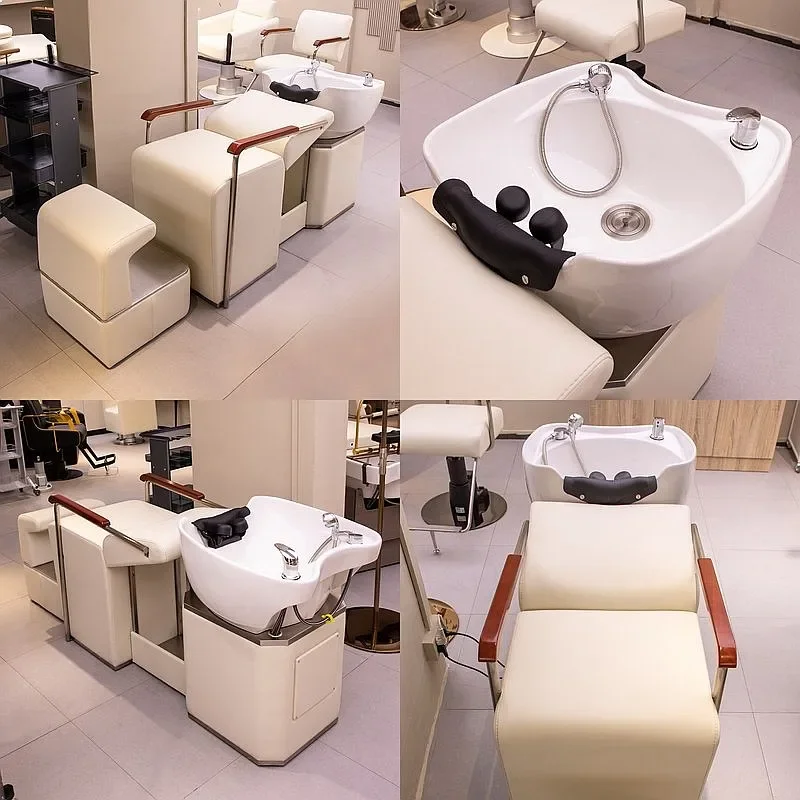 SS Japanese Semi-Reclining Hair Wash Bed Barber Shampoo Chair Ceramic Basin Stainless Steel Massage Sink Y