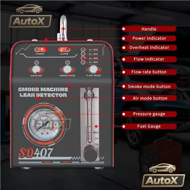 Rilevatore di perdite per macchina del fumo automobilistica Tester di perdite per tubi per auto a doppia modalità 12V con manometro e regolabile