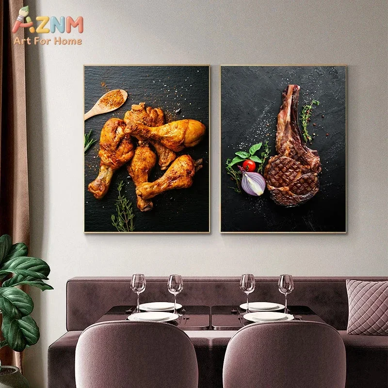 AZNM Gourmet Grilled Chicken Drumsticks Tomahawk Steak Canvas Wall Art, Dark Stone Food Photography Unframed Print For Restauran