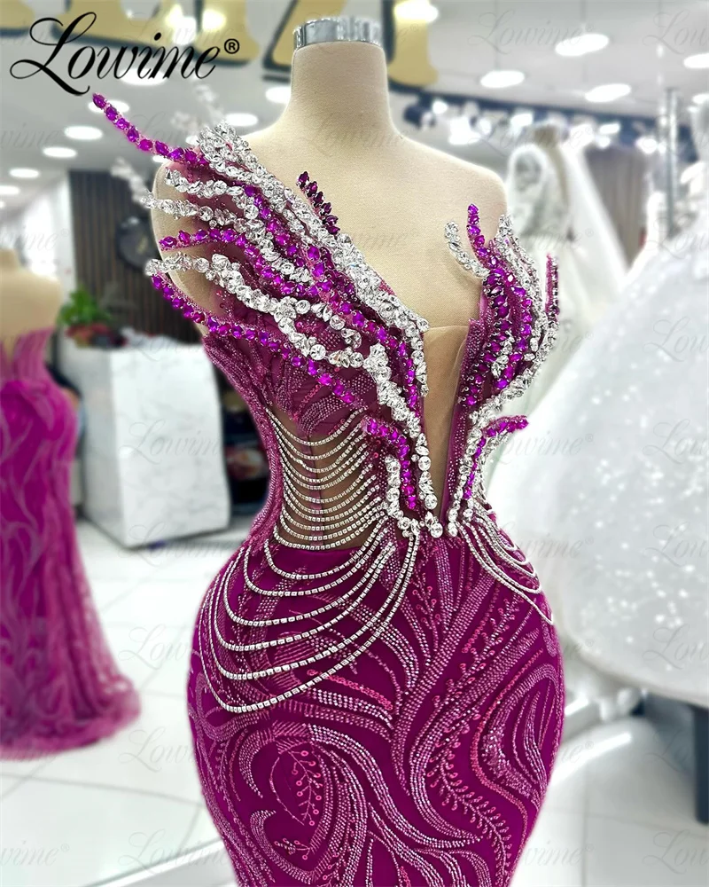 Elegant Purple Party Dress Engagement Gown 2024 Crystals Tassel Beaded Mermaid Celebrity Dresses Arabic Women Prom Evening Dress