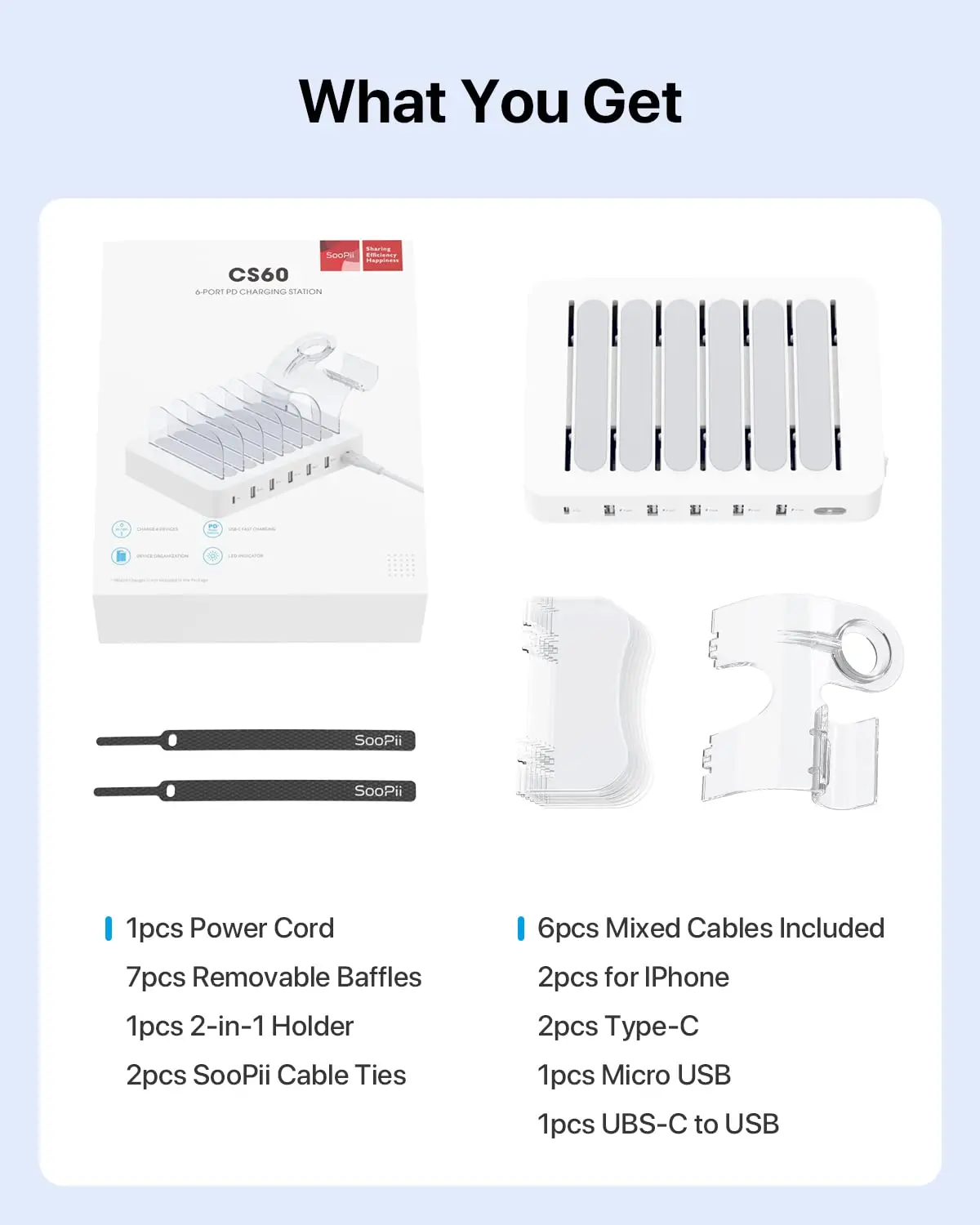 SooPii 6-Port USB Charging Station 60W/12A charger with PD 20W Fast Charging for Multiple Devices 6 Cables Included For Phones