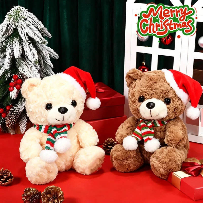 1-4PCS Xmas Bear Stuffed Animal with Santa Hat Scarf Classic Festive Design for Pet Play Bedroom Living Room Party  Holiday Gift