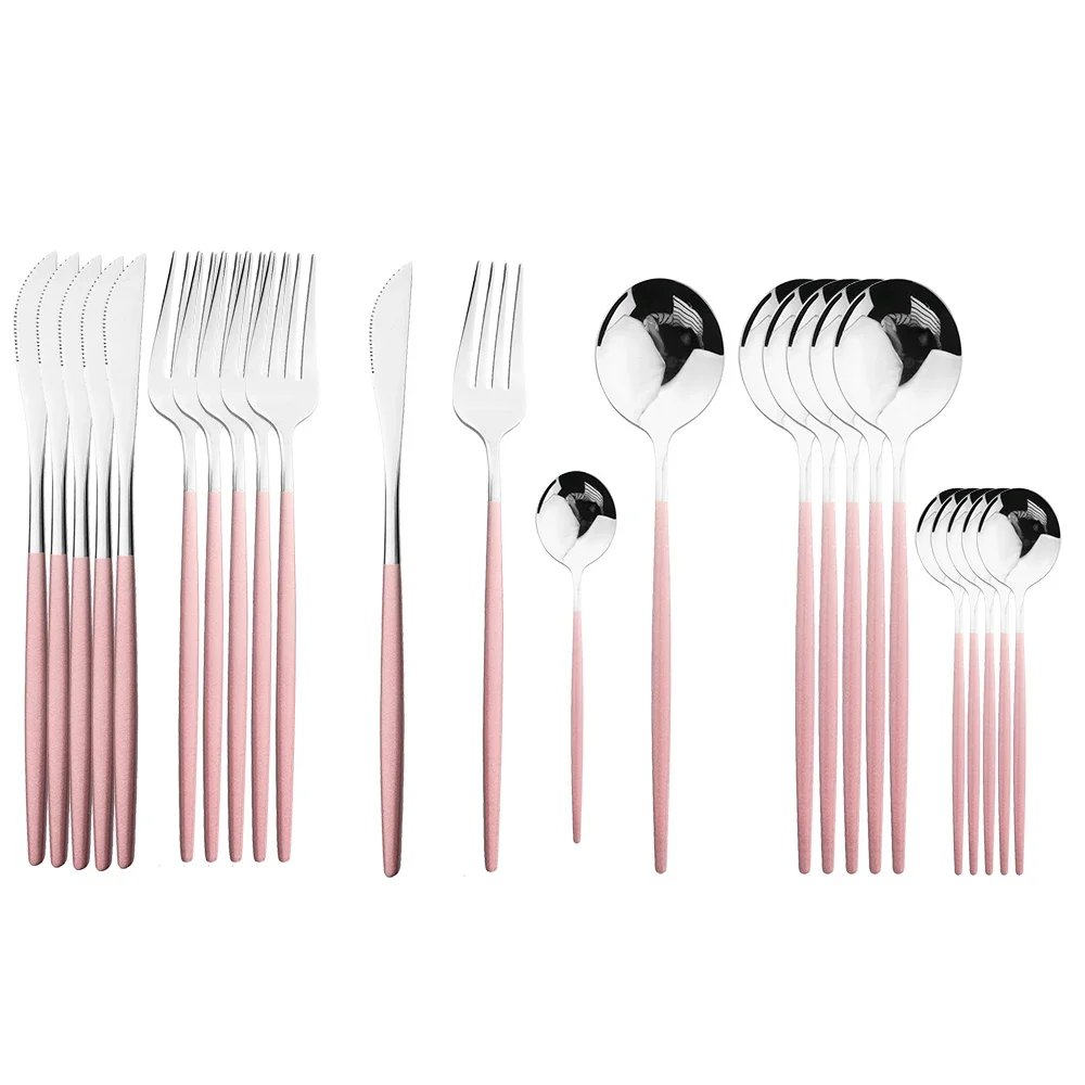 24Pcs Stainless Steel Dinnerware Set Kitchen Fork Spoon Knife Dinner Cutlery Set White Silver Western Flatware Tableware Set