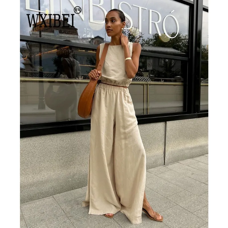 

WXIBEI Cotton Linen Khaki Pants Sets Vacation Summer Sleeveless Tops + Split Pant Suits 2024 Two Pieces Office Ladies Set ALH074