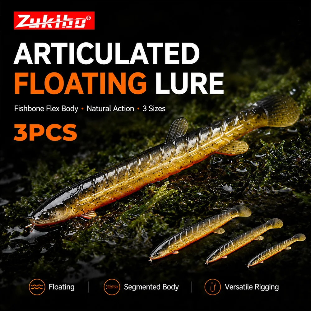 ZUKIBO Articulated Floating Soft Lure 3PCS Segmented Fishbone Swimbait for Bass Trout Perch Freshwater Fishing