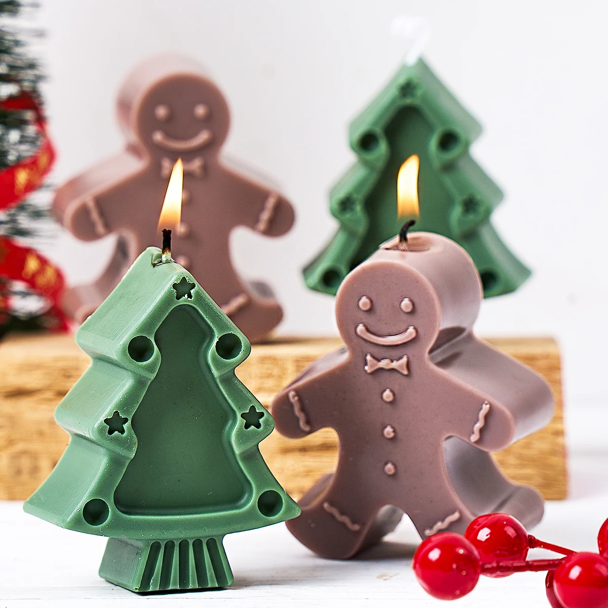 6 Holes Christmas Tree Gingerbread Man Silicone DIY Handmade Soap Scented Candle Plaster Mold Xmas Party Craft Gift Ornaments