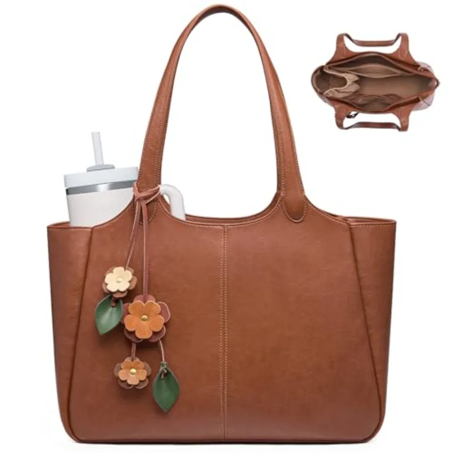 

LOVEVOOK Tote Bag for Women Leather Vintage Work Bag with 40oz Cup Holder Nurse Teacher Shoulder Bag Roomy 6 Pockets