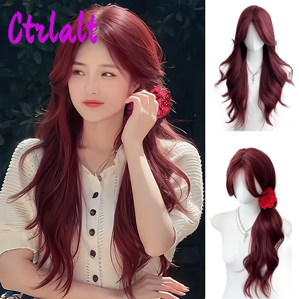 Red Synthetic Wig for Women Dense Long Wave Cospaly Lolita Wig Nature  Wigs with Bangs Fake Hair High Temperature