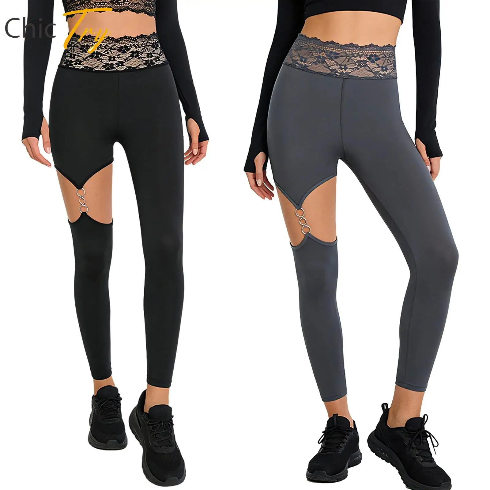

Womens Lace Waistband Yoga Leggings High Waist Gym Fitness Workout Clothes Female Cutout O-ring Skinny Pants Casual Daily Wear